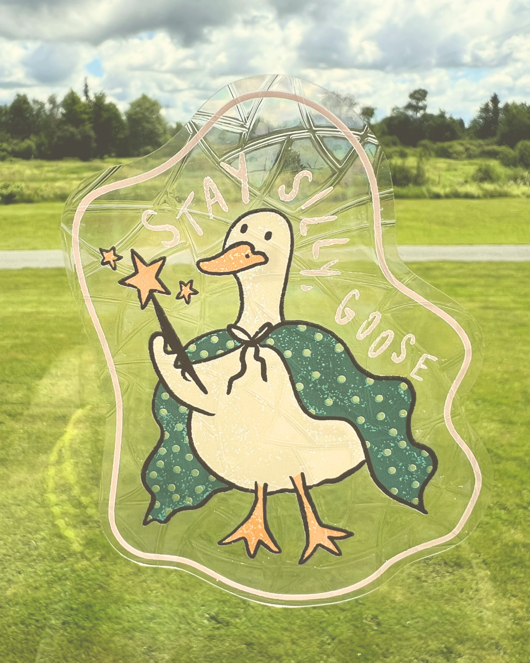 stay silly, goose suncatcher sticker