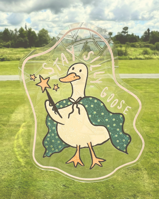 stay silly, goose suncatcher sticker