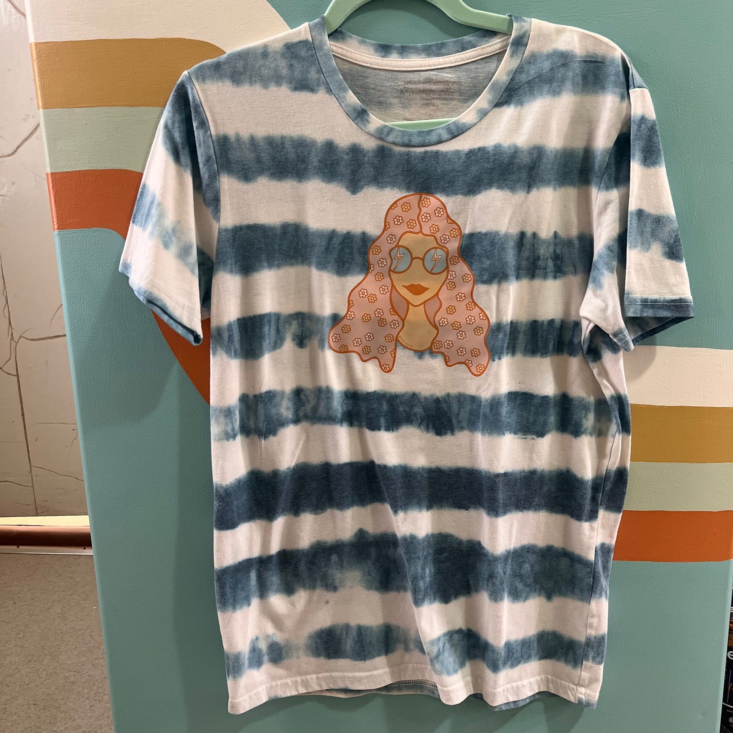 "flower power muse" blue striped tee (size S/M)