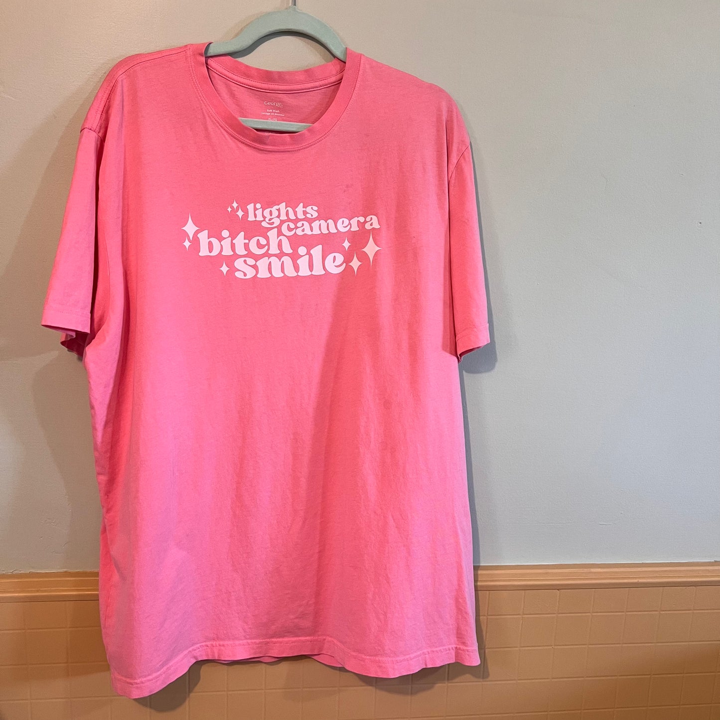 "lights camera bitch smile" swiftie pink short sleeve (size XL)