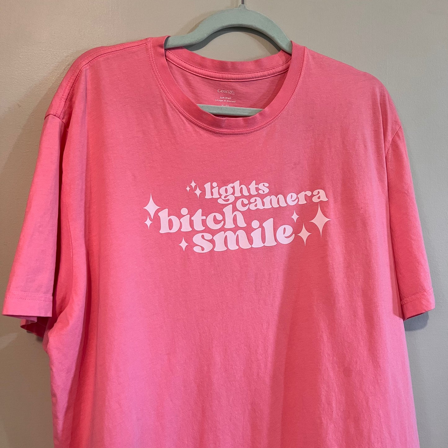 "lights camera bitch smile" swiftie pink short sleeve (size XL)