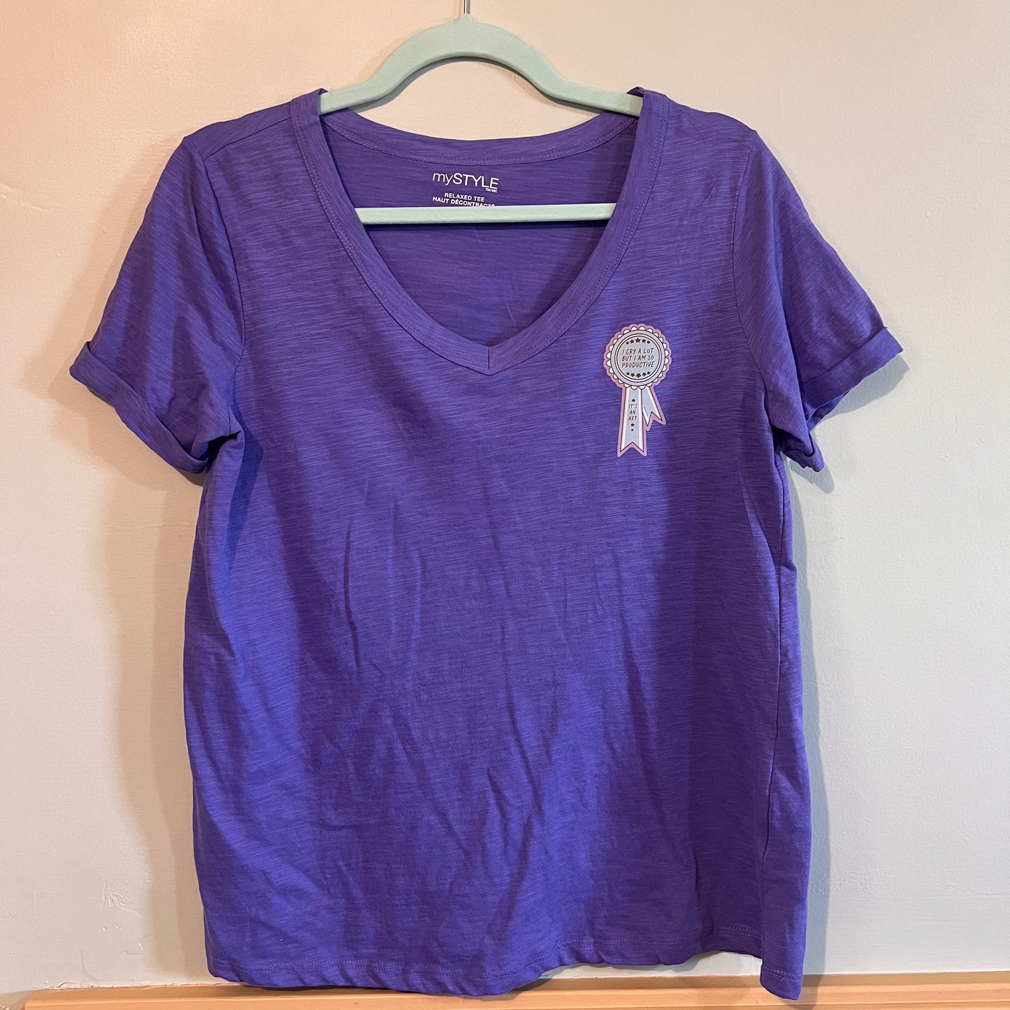 "i cry a lot but i am so productive" swiftie purple v-neck t-shirt (sizeS/M)