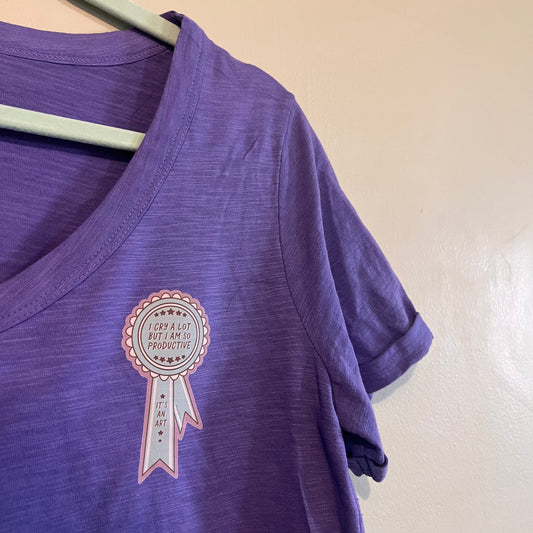 "i cry a lot but i am so productive" swiftie purple v-neck t-shirt (sizeS/M)