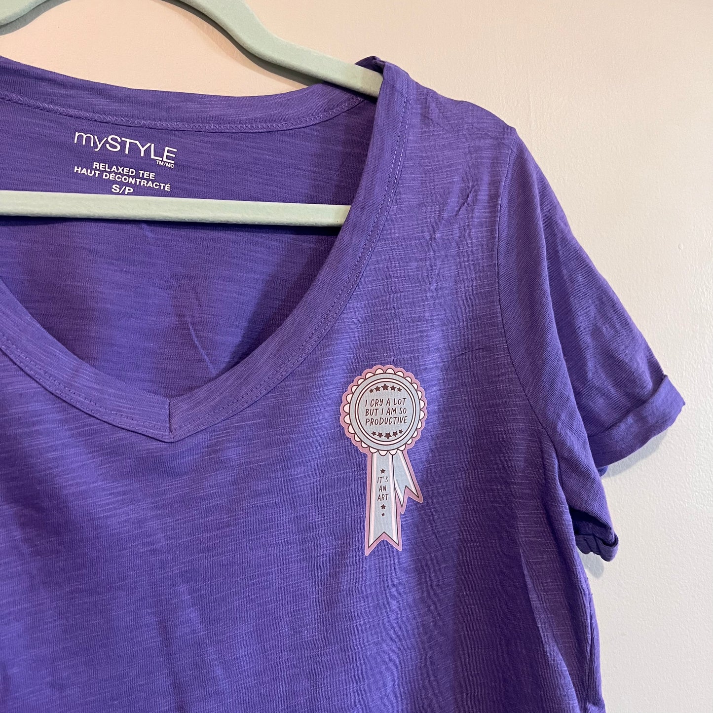 "i cry a lot but i am so productive" swiftie purple v-neck t-shirt (sizeS/M)