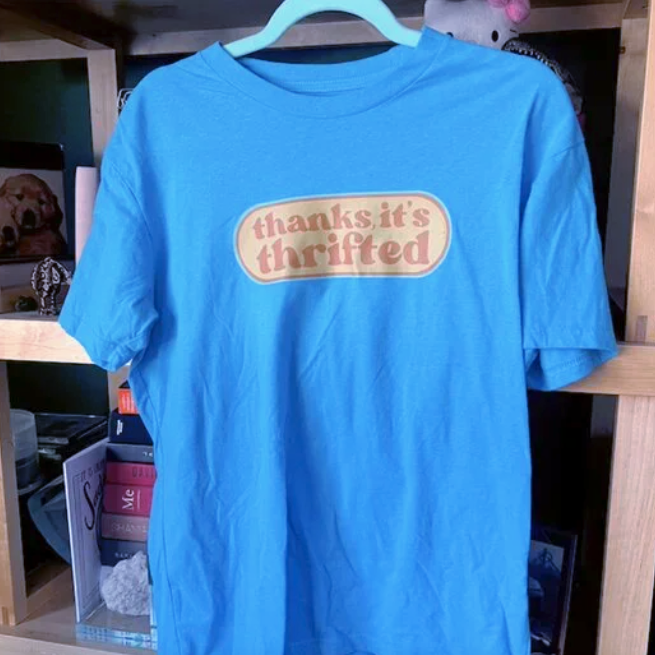 "thanks it's thrifted" bright blue t-shirt (size M)