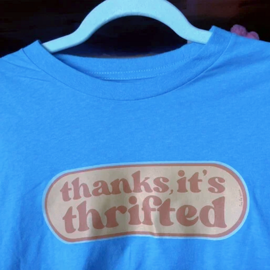 "thanks it's thrifted" bright blue t-shirt (size M)