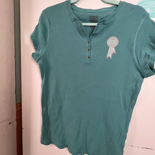 "i cry a lot but i am so productive" swiftie teal button t-shirt (size M/L)