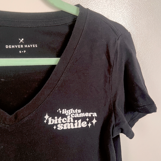 "lights camera bitch smile" swiftie black short sleeve (size M)