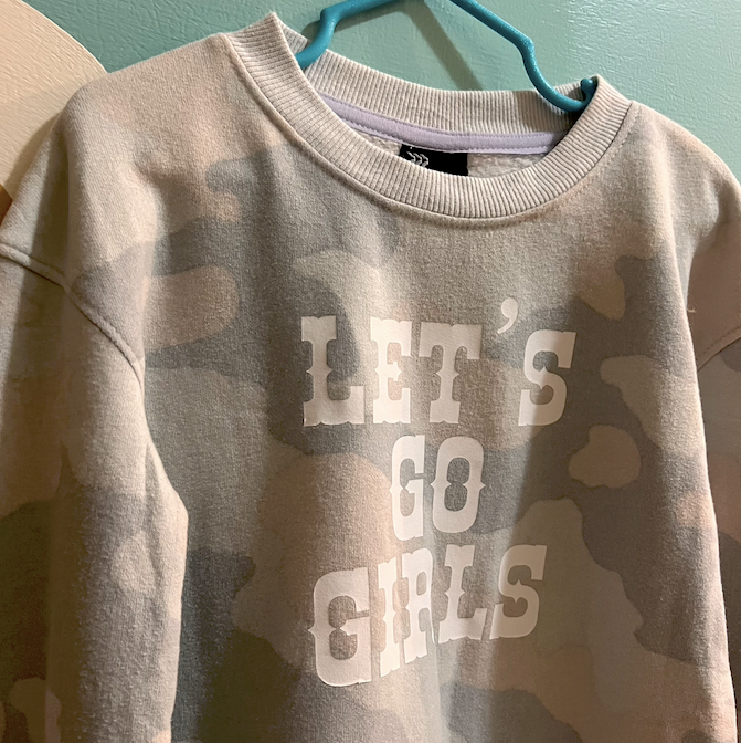 "let's go girls" camo kids sweater (size 4/5)