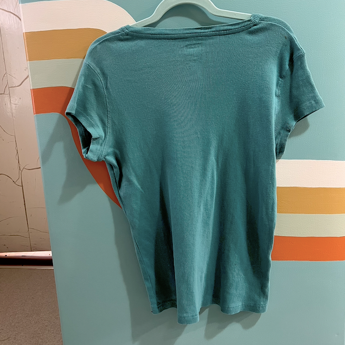 "thanks it's thrifted" teal button up tee (size L)