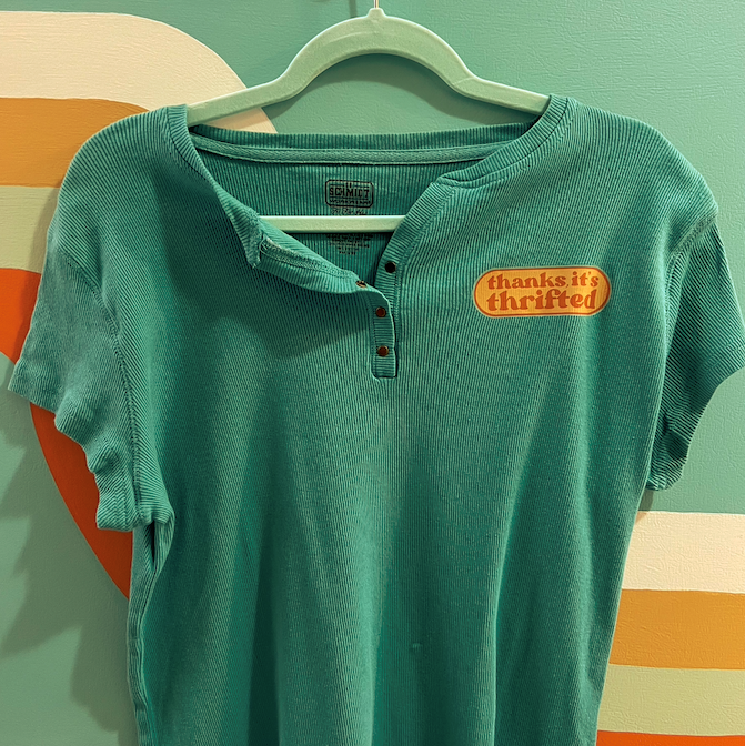 "thanks it's thrifted" teal button up tee (size L)