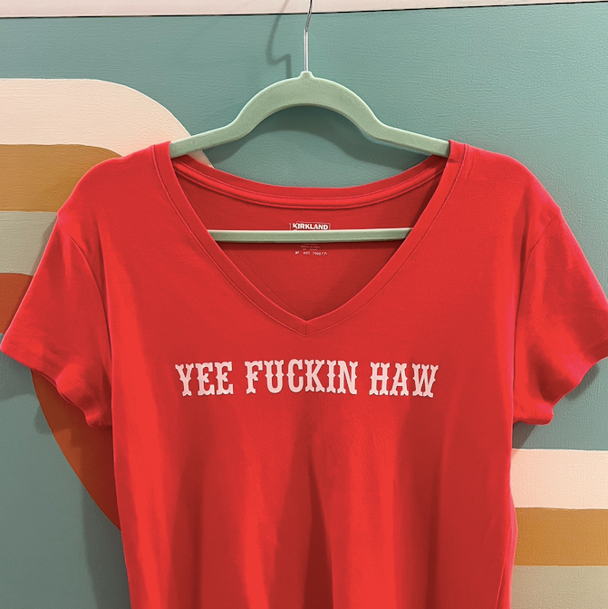 "yee fuckin haw" bright pink tee (size L)