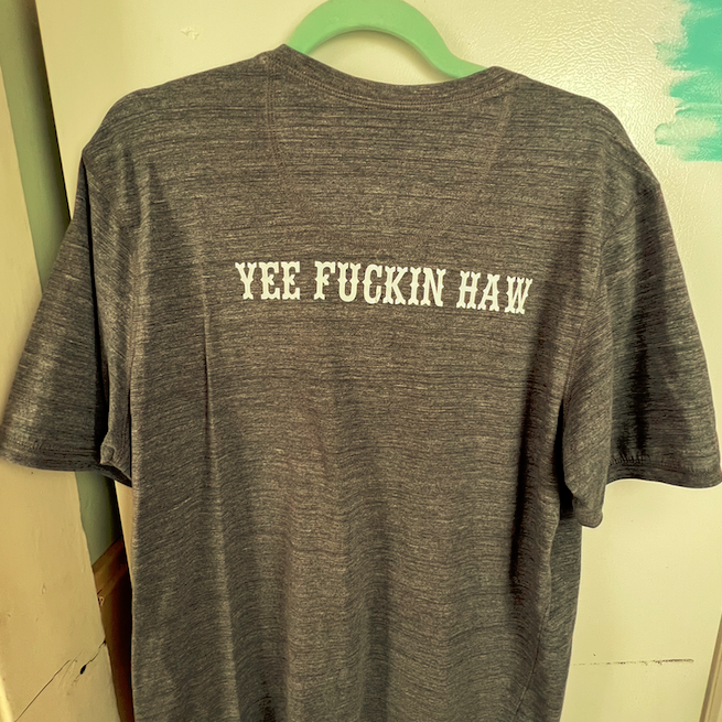 "yee fuckin haw" grey button collar t-shirt (size L)